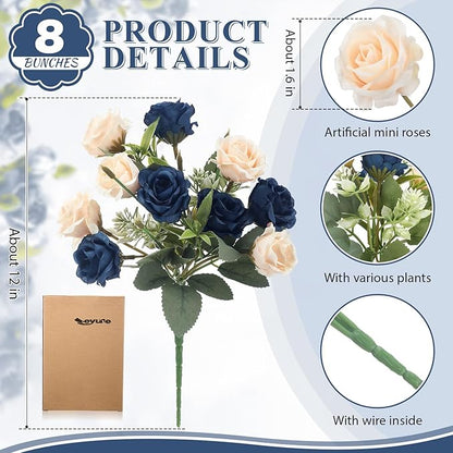 Zeyune 8 Pack 12 Inch Wedding Bouquets for Bride Bridesmaid Dark Blue and Champagne Artificial Rose Bouquet Fake Silk Roses Flowers Bunches Bulk for Home Office Garden Parties Decoration