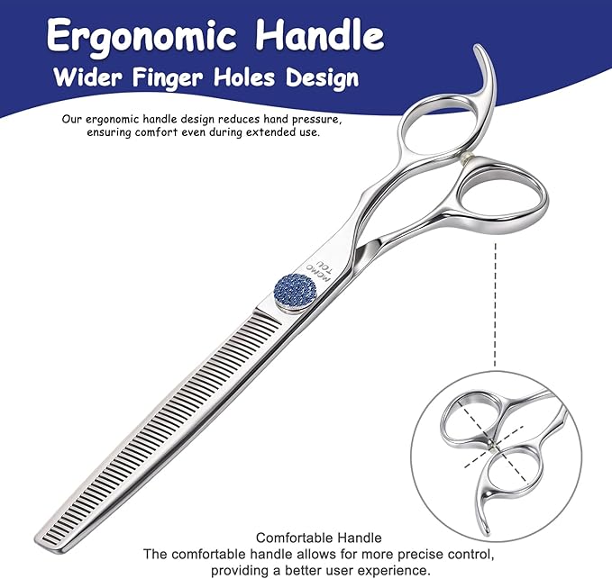 7.5'' Dog Grooming Scissors CNC 440C Blades Sharp and Durable Polished Thinning Dog Shears with Blue Diamond Adustable Screws Easy to Use for Groomer and Home User-Mewly Pet