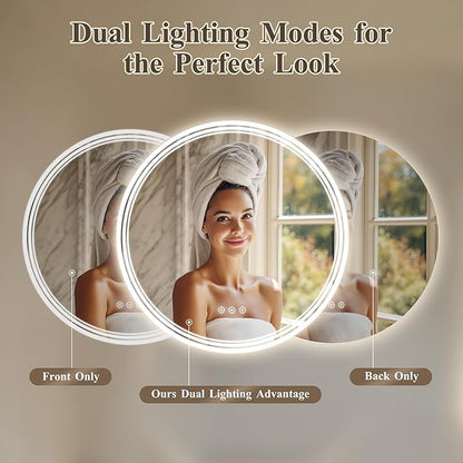 36''x36'' Lighted Mirrors for Bathroom Wall Backlit + Front Lit, Round LED Bathroom Mirror Frameless with Lights Anti Fog, Dimmable, 3 Colors,Tempered Glass, Shatter-Proof