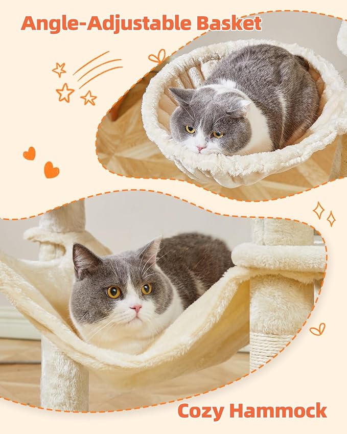 Taoqimiao Cat Tree, 66.2-Inch Cat Tower for Indoor Cats, Plush Multi-Level Cat Condo with 7 Scratching Posts, 2 Perches, 2 Caves, Hammock, 2 Pompoms, Beige MS013M-Mewly Pet