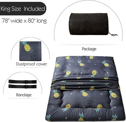 MAXYOYO Grey Pineapple Japanese Floor Futon Mattress, Tatami Mat Portable Camping Mattress Kids Sleeping Pad Foldable Roll Up Floor Lounger Couch Bed, King Size