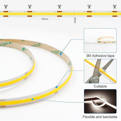 COB LED Strip Light with Remote, Dimmable 16.4FT/5M Flexible High Density LED Light,4000K Natural White 2400LEDs Super Bright LED Light Strip CRI 90+ for Bedroom,Kitchen,DIY Home Decoration