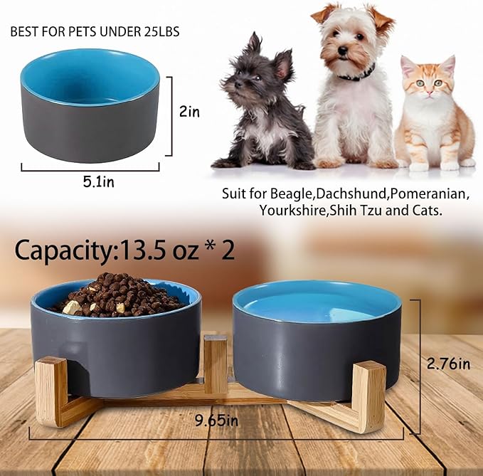 Petygooing Heavy 5.1 in Ceramic Cat Dog Bowls Set with Wood Stand for Food and Water, Non-Slip Cute Modern Pet Dish for Small Size Dogs and Cats (13.5OZ) Medium Sized Dogs (28OZ) Grey Blue-Mewly Pet