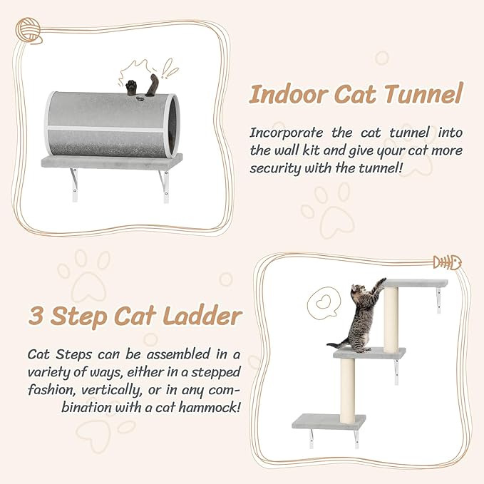 NUNU LAB Wall Mounted Cat Furniture, 7 Pcs Cat Wall Shelves with House, Tunnel, Bridge, Steps, Scratcher, Hammock, Bed, Indoor Safe & Stable Furniture for Kittens Play, Gray-Mewly Pet