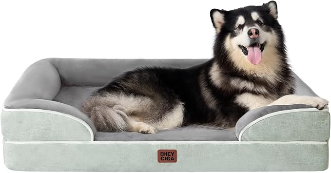 EHEYCIGA Orthopedic XL Dog Beds, Waterproof Memory Foam Dog Bed for Extra Large Dogs, Non-Slip Bottom and Egg-Crate Foam Big Pet Couch Bed with Washable Removable Cover, Greyish Green-Mewly Pet