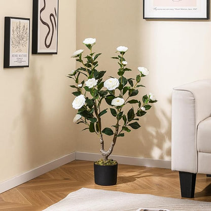 GOFLAME 3FT Artificial Camellia Tree, 2 Pack Faux Camellia Plant with White Flowers, Solid Wood Trunk, Realistic Moss, Greenery Potted Decoration Tree for Indoor Outdoor Home Porch Front Door