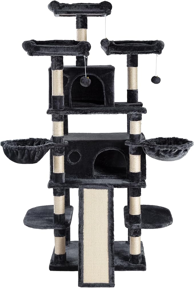 SHA CERLIN 68 Inches Multi-Level Large Cat Tree for Large Kitties/Big Cat Tower with Condo/Cozy Plush ‌Pussycat Perches/Sisal Scratching Posts and Hammocks/Activity Center/Dark Grey-Mewly Pet