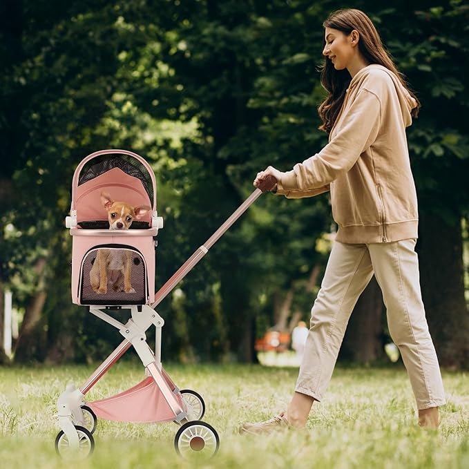 MoNiBloom 3 in 1 Pet Stroller with Adjustable Handle, Jogging Stroller w/Detachable Carrier & Lightweight Aluminum Frame for Dogs Cats, Soft Pink-Mewly Pet