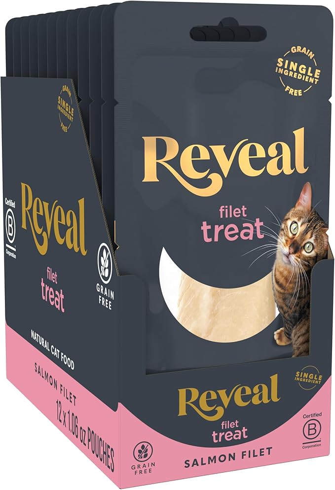 Reveal Natural Cat Treats, 12 Count Single Ingredient Treat for Cats, Grain Free, Whole Salmon Loin, 1.06 oz Bags-Mewly Pet