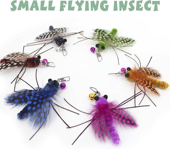SONGWAY Insect Cat Toys with Feather - 6 Pieces Cat Insect Feather Toy Refills, Teaser Wand Attachments, Interactive Toys for Indoor Cats Kittens-Mewly Pet