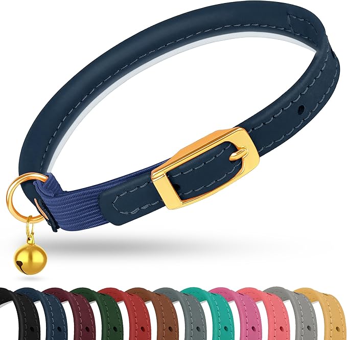 OOPSDOGGY Rolled Leather Cat Collar with Bell - Reflective Kitten Collar with Safety Elastic Strap - Adjustable Small Pet Collars for Boy Girl Cats (Blue)-Mewly Pet
