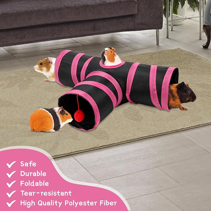 Rypet Guinea Pig Tunnel, 3 Way Collapsible Rabbit Tunnel, Small Pet Tunnels and Tubes with Interactive Ball for Rabbit Ferret Hamster Chinchilla Hedgehog Hiding and Resting-Mewly Pet