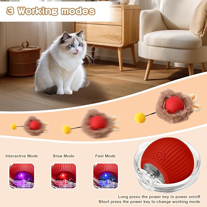Rocfish Interactive Cat Toys Ball - Automatic Fast Rolling Ball in Play Mat, Hide and Seek Mouse Catching Game, Low-Noise Cat Enrichment Toys in Pouch for Indoor Bored Cats (Red Toy & Square Mat)-Mewly Pet