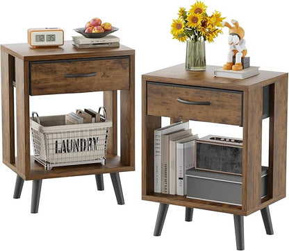 GYIIYUO Nightstand Set of 2 with Fabric Drawers and Open Shelves, Bedside Table Set - Dark Rustic Brown Bedroom Side Tables