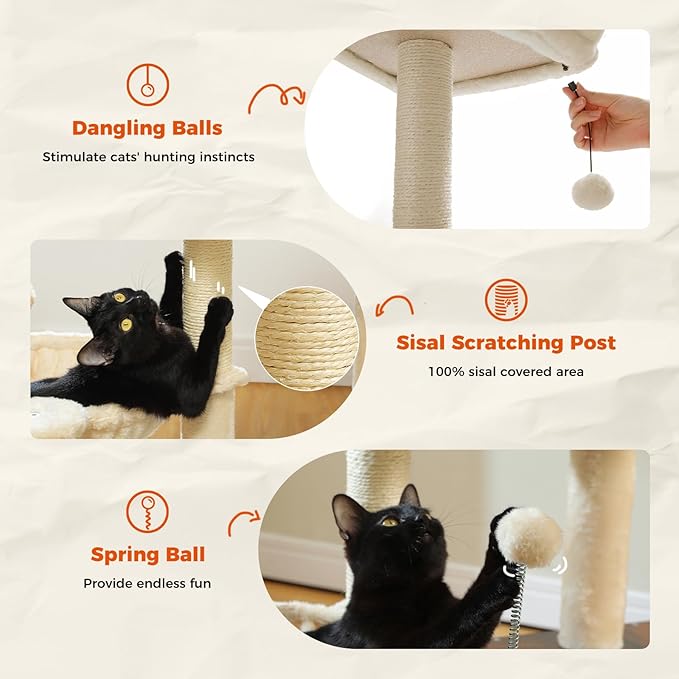 PEQULTI Modern Cat Tree for Indoor Cats,Multilevel Play House Cat Tower with Cat Condo, Scratching Post, Cozy Hammock and Plush Pompom, Brown-Mewly Pet