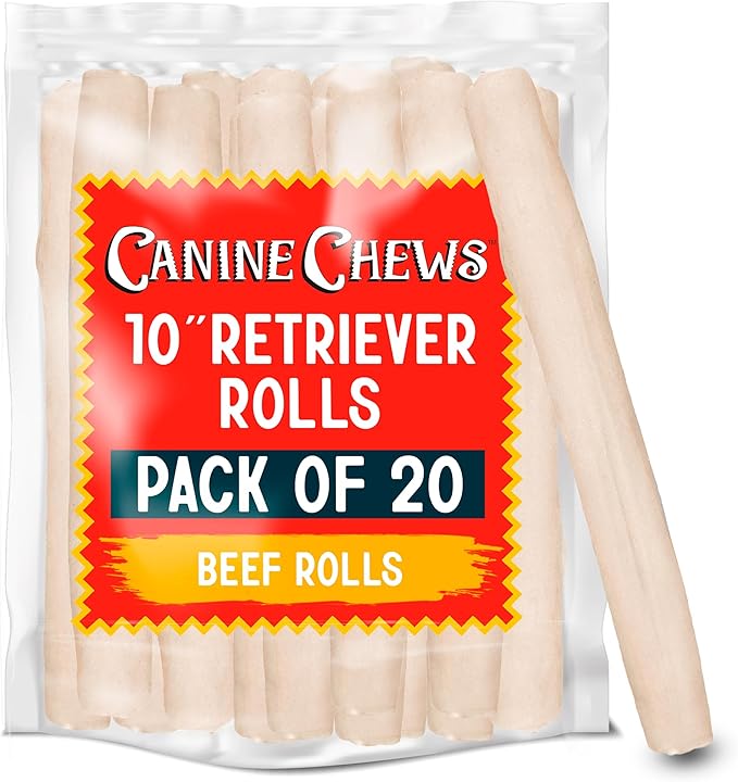 Canine Chews 10" Dog Rawhide Retriever Rolls - Bones for Large Dogs (20 Pack) - 100% USA-Sourced Natural Beef - Single Ingredient - Healthy Dental Chew-Mewly Pet