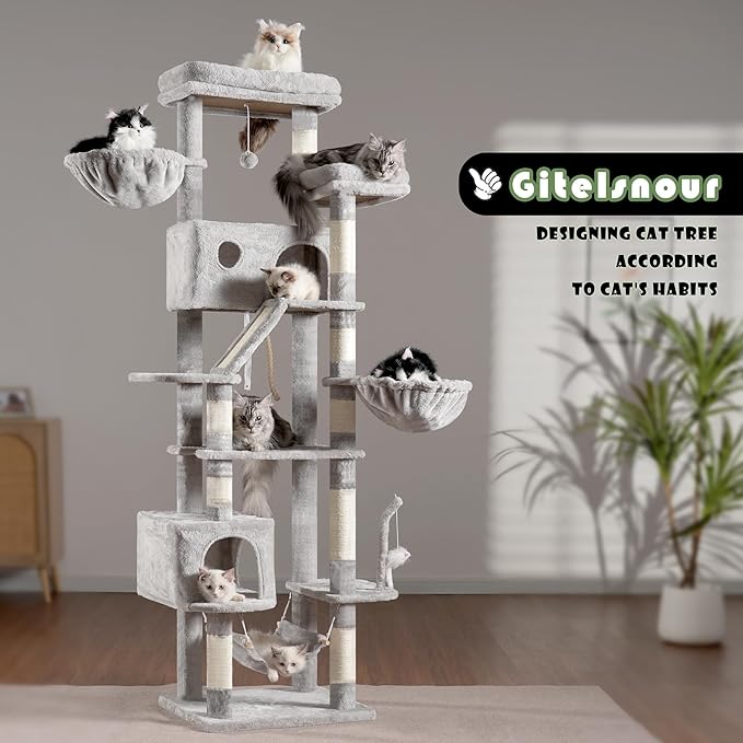 Cat Tree for Large Cats, 78.7"(200cm) Tall Cat Tower for Indoor Cats Multiple Cats with Large Top Perch, Cat Condo, Cat Hammcok, Cat Scratching Post, Light Gray GCT031W-Mewly Pet
