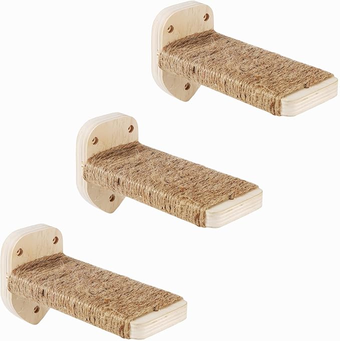 3 Pcs Cat Wall Steps, Cat Shelves and Perches for Wall, Wall-Mounted Cat Climbing Shelf with Hemp Rope Covered, Cat Wall Furniture Steps Set with Scratching Pads for Cats Playing and Climbing (Wood)-Mewly Pet
