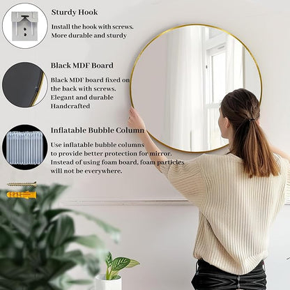 Gold Round Mirror 30 inch, Large Circle Mirror, Round Wall Mirror Metal Frame, Gold Circle Mirrors for Wall, Bathroom, Living Room, Hallway.
