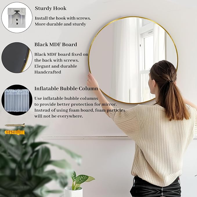 Gold Round Mirror, Circle Mirror 26 inch, Gold Circle Mirrors Metal Frame, Round Mirrors for Wall, Living Room, Bathroom, Entryway, Rustic.