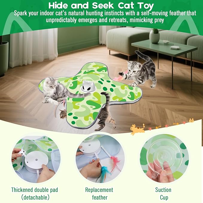 VIWIK Interactive Cat Toys for Indoor Cats, Hide and Seek Moving Feather Toy for Bored Adult Cats with Suction Cup & Cover, Automatic Kitten Wand Toy, Cat Enrichment Toys for All Breeds Green-Mewly Pet