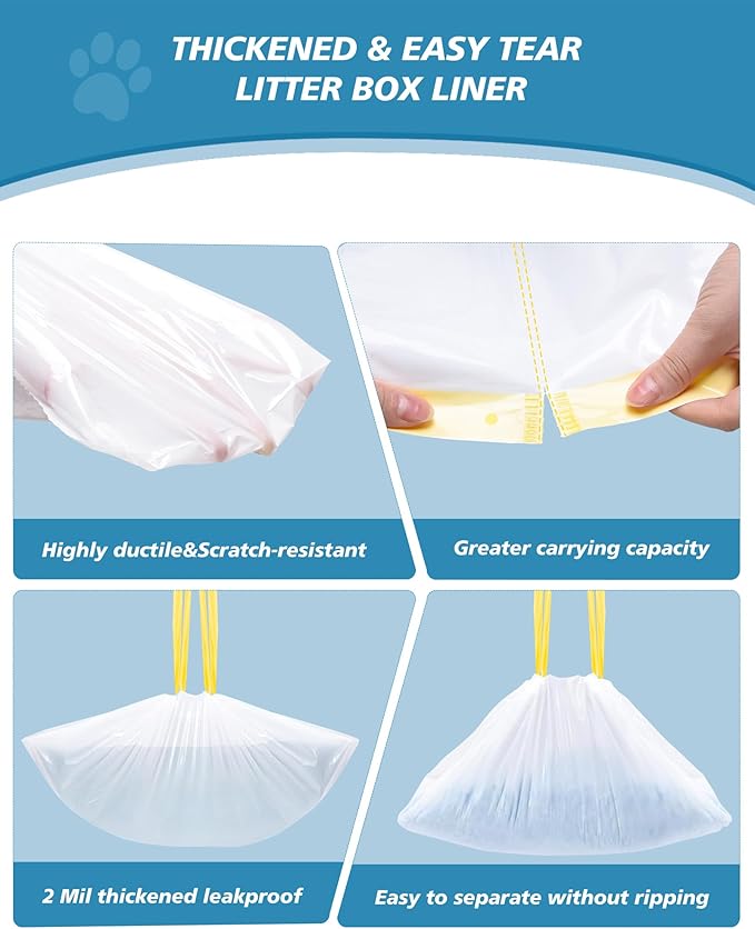 KONE 45 Count Litter Box Liners, Pet* Scoopfree Self-Cleaning Box Liners, Automatic Kitty Litter Bags, Thickened & Leak-Proof Drawstring Cat Litter Waste Bags, Disposable Refill Tray Rectangle Bags-Mewly Pet