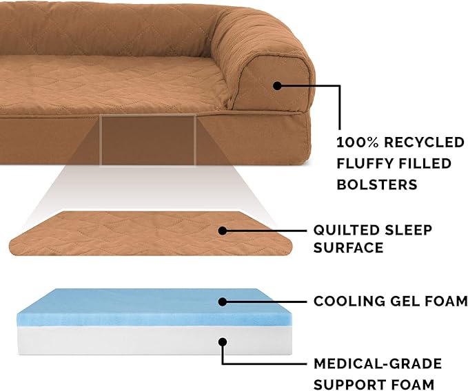 Furhaven Cooling Gel Dog Bed for Medium/Small Dogs w/ Removable Bolsters & Washable Cover, For Dogs Up to 35 lbs - Quilted Sofa - Toasted Brown, Medium-Mewly Pet