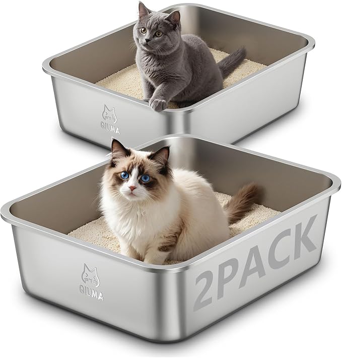2 Packs Stainless Steel Cat Litter Box, 17.5" L×13.6" W×5.9" H, Metal Kitty Litter Box with High Sided for Small Cats, Non-Stick, Easy to Clean, Odor-Free-Mewly Pet