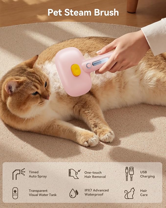 ROJECO 3-in-1 Pet Steam Brush for Cats&Dogs - Detangling Comb with Adjustable Mist, Handheld Deshedding Grooming Tool for Long/Short Hair, Massage Brush & Shedding Control Gift,Cordless,Pink-Mewly Pet