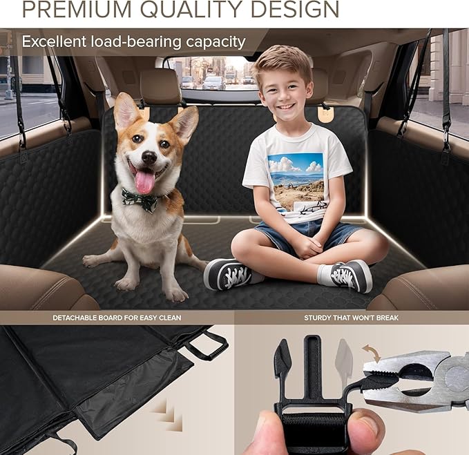 SHARLOVY Back Seat Extender for Dogs, Heavy Duty Dog Car Seat Cover for Back Seat and Aggressive Chewer, Large Hard Bottom Seat Cover for Dogs, Dog Hammock for Car, Travel Pet Bed for Car, SUV, Truck-Mewly Pet