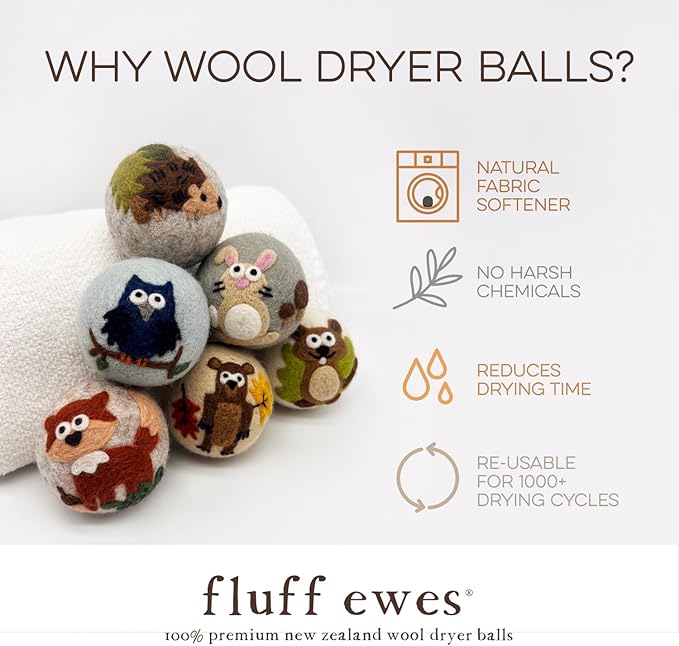 Fluff Ewes Wool Dryer Balls 6 Pack Premium New Zealand Wool Laundry Balls for Dryer, No Static Dryer Balls Laundry Reusable, XL Hedgehog Dryer Balls, Baby Dryer Balls for Dryers - Hedgehog and Homies-Mewly Pet