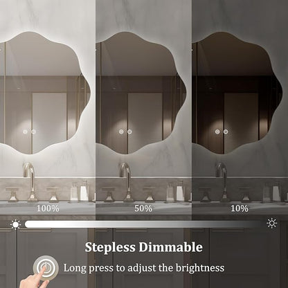 WallBeyond LED Bathroom Mirror with Lights, 20'' Wavy Round Light Up Bathroom Mirror, Anti Fog Led Mirror for Bathroom, 3 Colors and Dimmable Light