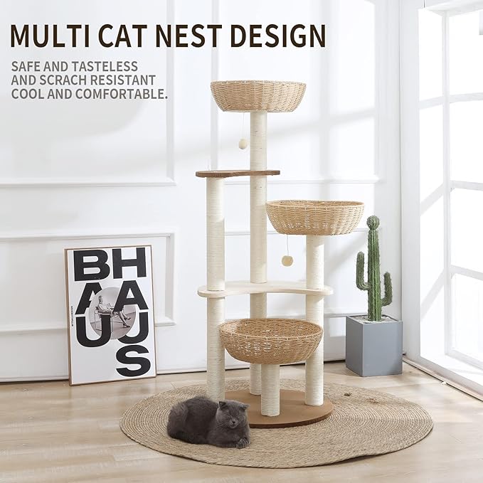 52" Modern Cat Tree Tower for Large Cats, 3Cat Nests Manual Hand Woven Multilevel Huge Paws Pals Cat Tree, Wood Cat Tower, Cat Scratching Tree, Cat Condo, Cat Lover Gift-Mewly Pet