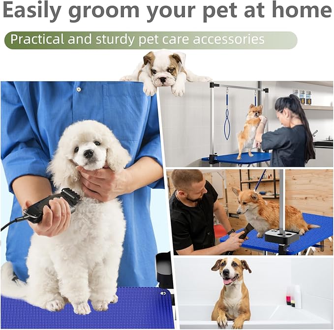 VFK 36''/47''Large Dog Grooming Table, Foldable Pet Station at Home, Dog Grooming Table,Adjustable Cat Drying Desktop with Arms, Nooses, Mesh Tray (Stainless Steel pet Table, 36" Blue)-Mewly Pet