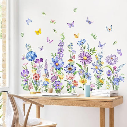 Tanlaby Wildflower Wall Decals Daisy Grass Butterflies Flower Wall Stickers Floral Botanical Wall Art Decor for Baby Nursery Girl Bedroom Living Room Sofa