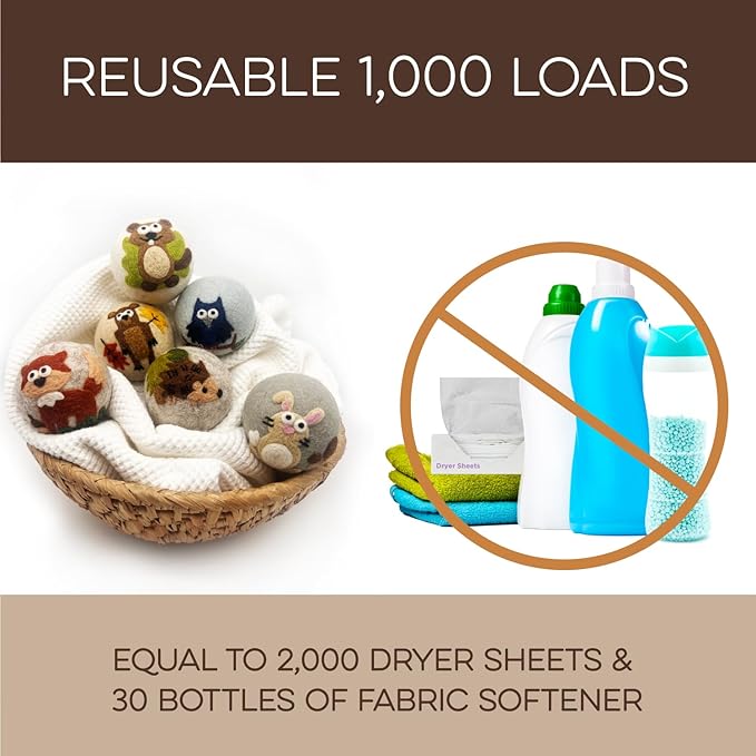 Fluff Ewes Wool Dryer Balls 6 Pack Premium New Zealand Wool Laundry Balls for Dryer, No Static Dryer Balls Laundry Reusable, XL Hedgehog Dryer Balls, Baby Dryer Balls for Dryers - Hedgehog and Homies-Mewly Pet