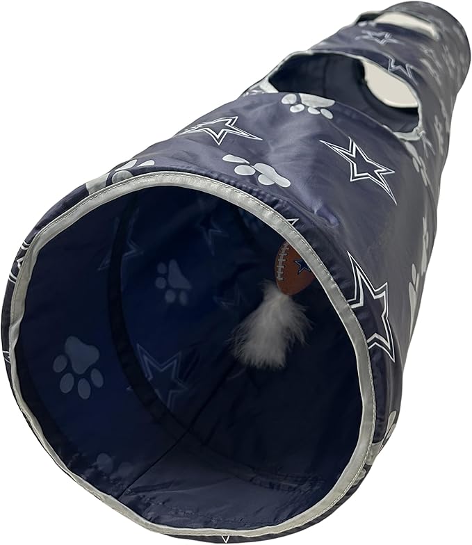 NFL Dallas Cowboys Cat Tunnel Tube Toy with Plush Football Catnip and Feathers Collapsible Tunnel for Cats to Play, Peek and Hide, Sporty & Fun Cat Tunnel Toy with Team Logo All-Over Design!-Mewly Pet
