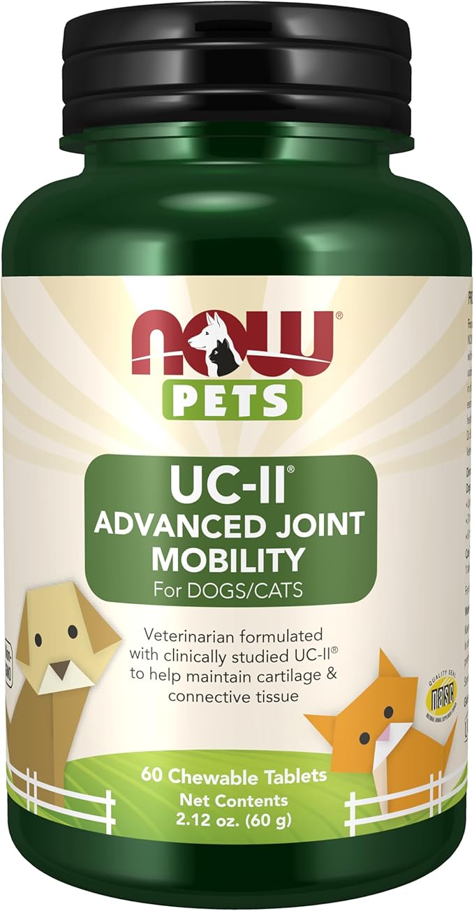 NOW Foods® Pets, UC-II® Advanced Joint Mobility for Dogs and Cats, Veterinarian formulated, Help Maintain Cartilage and Connective Tissue*, 60 Chewable Tablets (60 Grams)-Mewly Pet