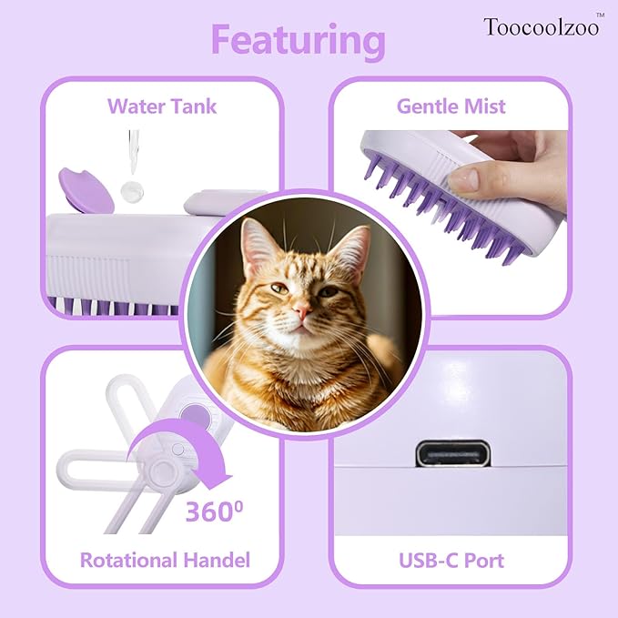 3-in-1 Cat Steam Brush, Rechargeable Cat Brush with Steam, Spritz Defur Comb for Dogs, Spritz Defur Comb for Cats (Purple)-Mewly Pet