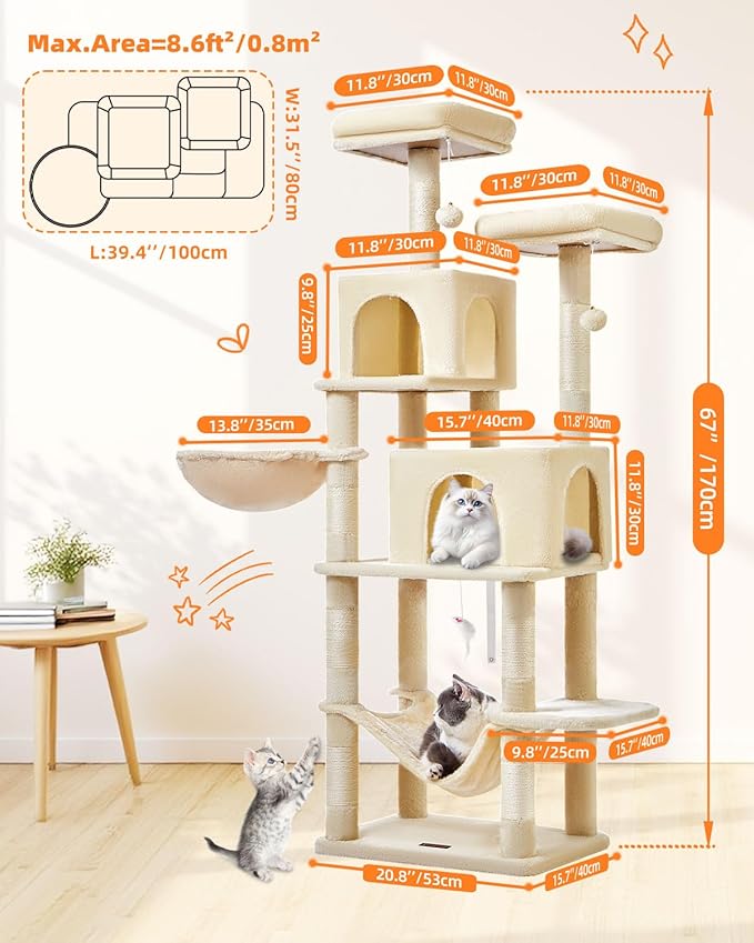 Taoqimiao Cat Tree, 66.2-Inch Cat Tower for Indoor Cats, Plush Multi-Level Cat Condo with 7 Scratching Posts, 2 Perches, 2 Caves, Hammock, 2 Pompoms, Beige MS013M-Mewly Pet