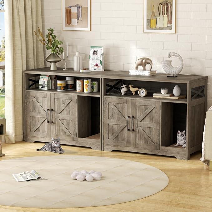 Cat Litter Box Enclosure, Hidden Litter Box Furniture with Scratch Pad, Farmhouse Indoor Cat House Washroom End Table, Grey-Mewly Pet