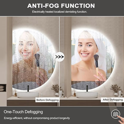 40"×28" LED Bathroom Mirror with Lights, Asymmetrical Smart Vanity Mirrors Wall-Mounted with Backlit, Anti-Fog Half Moon Mirror, Stepless Dimmable-3 Colors-Tempered Glass