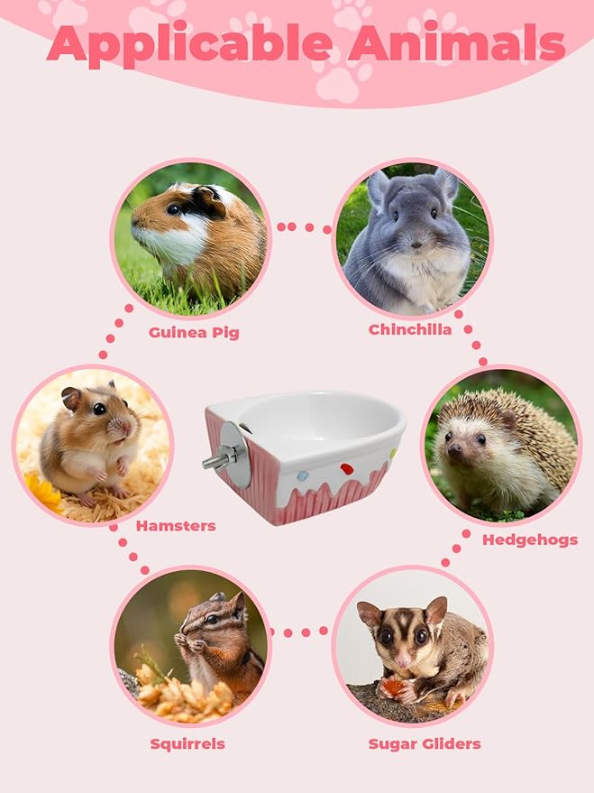 Chinchilla Food Bowl Ceramic Guinea Pig Cage Feeder Hanging Bunny Food Dish Small Animal Feeding Bowls for Syrian Hamster Ferret Gerbils (Pink)-Mewly Pet