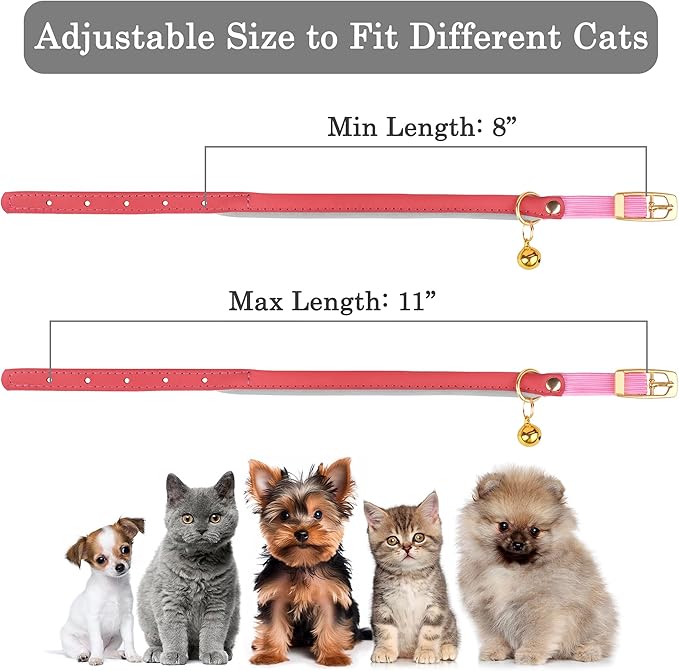 OOPSDOGGY Rolled Leather Cat Collar with Bell - Reflective Kitten Collar with Safety Elastic Strap - Adjustable Small Pet Collars for Boy Girl Cats (Pink)-Mewly Pet