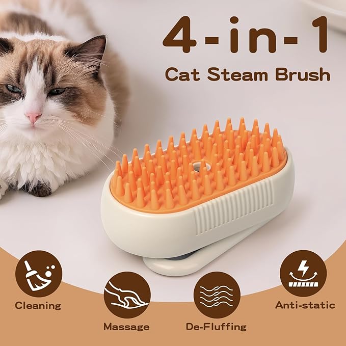 Pet Steam Brush, Rechargeable Cat Steam Brush for Shedding, 2025 New & 4 in 1 Pet Spray Hair Removal Comb with Anti-Static,Massage, Cleaning, Shedding & Combing All In One! (Khaki)-Mewly Pet