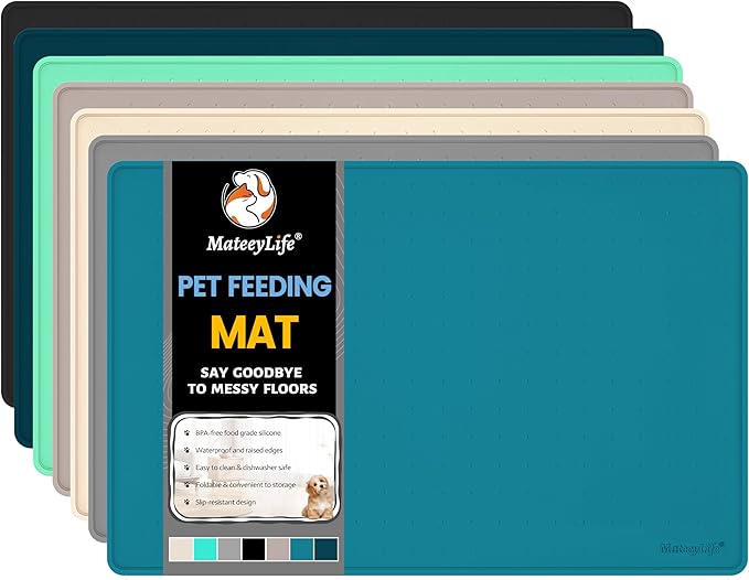 MateeyLife Dog & Cat Food Water Mat for Floors Waterproof, Nonslip Pets Bowl Feeding Mats with Raised Edges, Silicone Matt Tray for Messy Drinkers, 18"x12", Teal-Mewly Pet