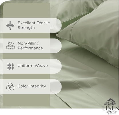 Linen Home 100% Cotton Percale Sheets Queen Size, Sage, Deep Pocket, 4 Pieces Set - 1 Flat, 1 Deep Pocket Fitted Sheet and 2 Pillowcases, Crisp Cool and Strong Bed Linen