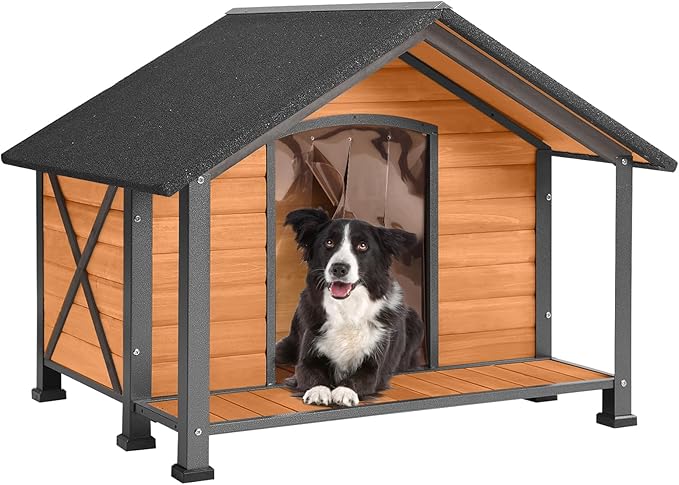 Aivituvin Dog House with Anti-Chewing Metal Frame Outdoor Large Wooden Dog Kennel Outside with Overhang Roof Large Porch Weatherproof-Mewly Pet