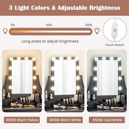CHARMAID Vanity Desk with Mirror and Lights, Makeup Vanity Table with 5 Storage Drawers, 3 Color Lighting Modes, Adjustable Brightness, Modern Bedroom Dressing Table with Vanity Stool, Black