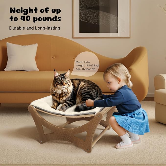 Cat Hammock Bed, Wooden Elevated Cat Beds with Natural Sisal Scratching Mat, Cats Scratcher Bed with Removable Soft Cushion, Cats Scratching Beds with Wood Frames, 22" L x 17.7" W-Mewly Pet